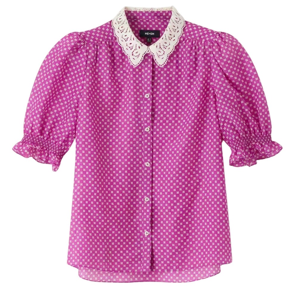 ME+EM Silk Blend Blouse Purple Lace Collar Puff Sleeve Top Cottage US 0 UK 4